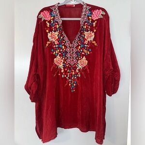Johnny Was Red Tunic with Colorful Embroidery
